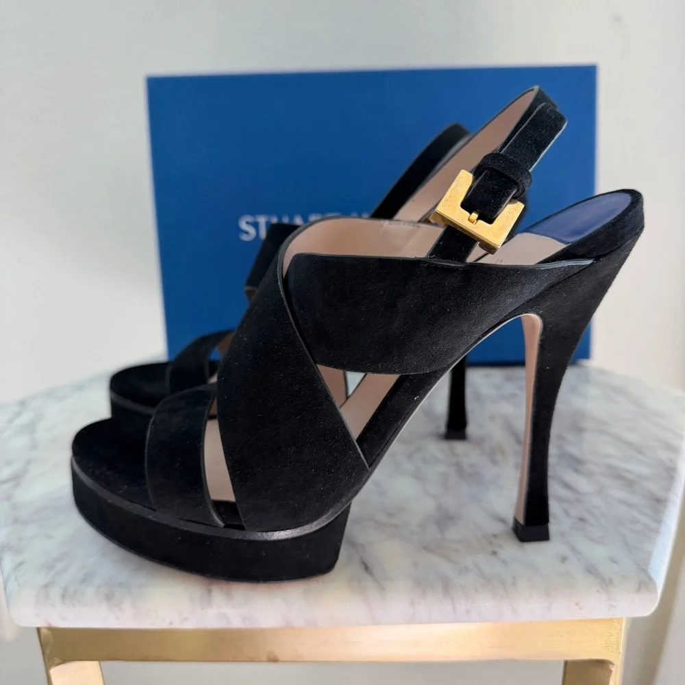 🖤 Stuart Weitzman Hester Strappy Black Suede Platform Stiletto Heels 6.5